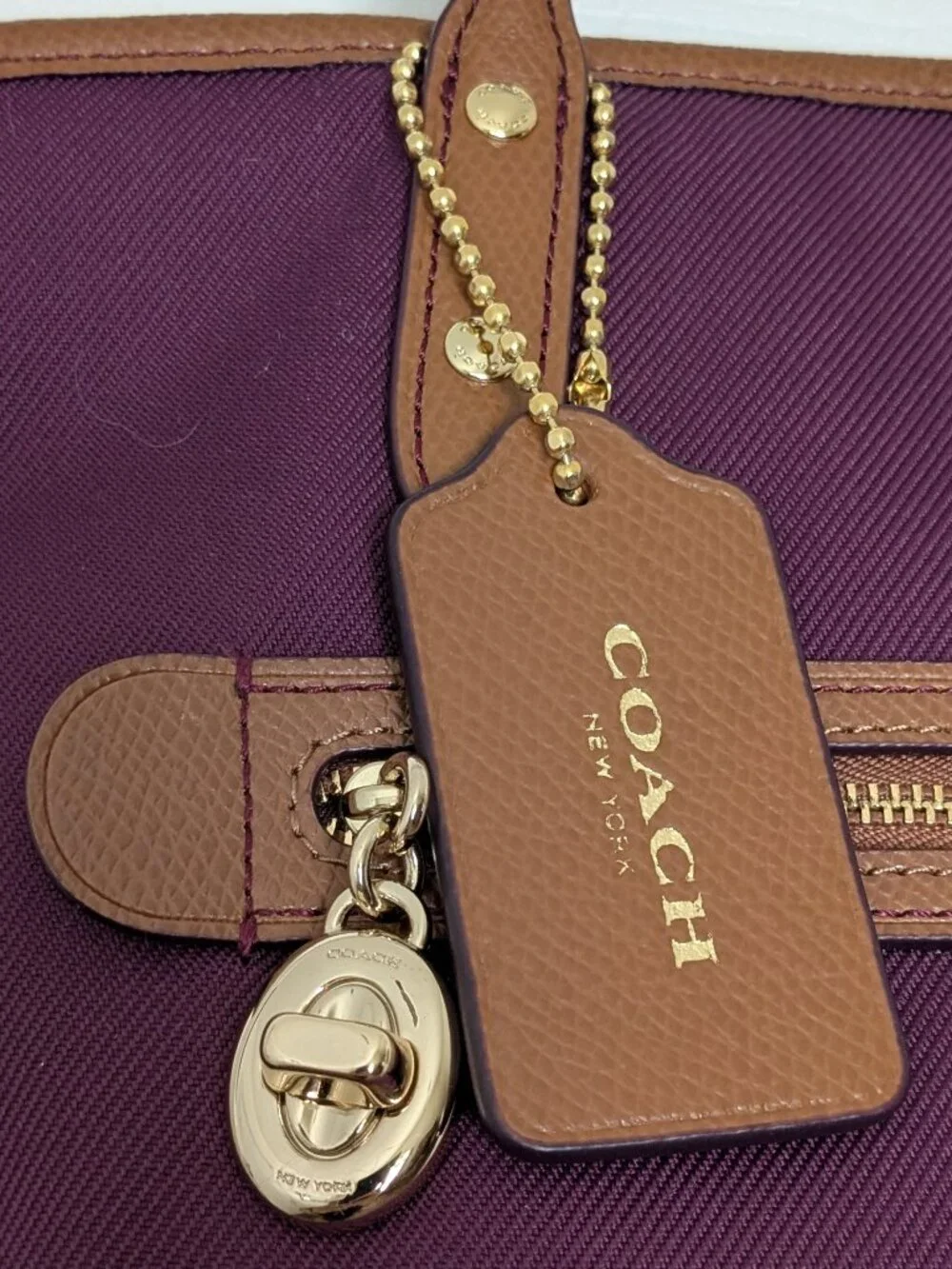 Coach Sawyer Plum Canvas & Leather Tote Bag Gold Hardware Charm Purple